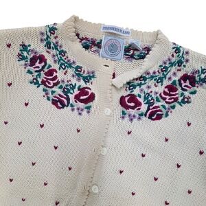 Cape Isle Knitters Vintage Hand Embroidered Floral Cardigan Cream Womens Large‎